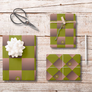 Checkered pattern in brown and olive green wrapping paper sheets