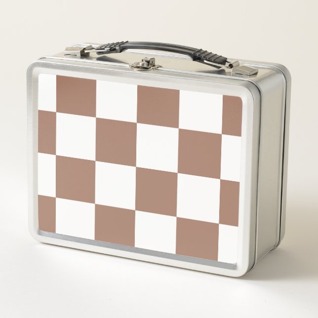 Checkered Pattern in White and Mocha Mousse Metal Lunch Box (Front)