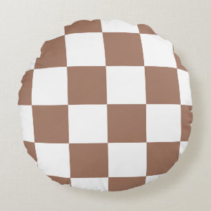 Checkered Pattern in White and Mocha Mousse Round Pillow
