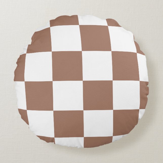 Checkered Pattern in White and Mocha Mousse Round Pillow (Front)