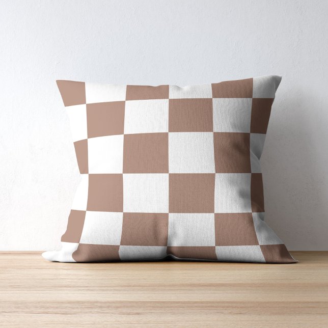Checkered Pattern in White and Mocha Mousse Throw Pillow (Creator Uploaded)