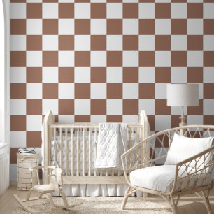 Checkered Pattern in White and Mocha Mousse Wallpaper