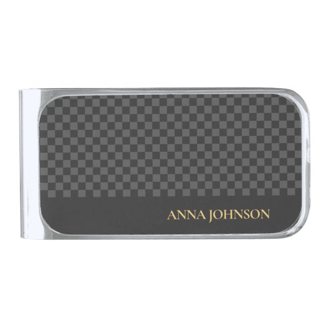 Checkered Pattern Personalized Name Silver Finish Money Clip (Front)