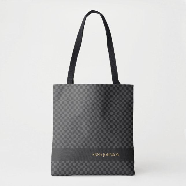 Checkered Pattern Personalized Name Tote Bag (Front)