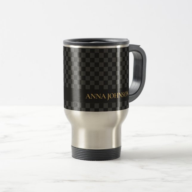 Checkered Pattern Personalized Name Travel Mug (Front Right)