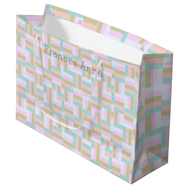 Checkered Pattern Pink/Blue-Green/Gold/White Large Gift Bag (Front Angled)