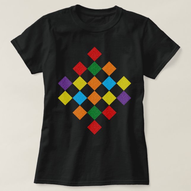 Checkered Pattern Rainbow Glitter Girly LGBT Pride T-Shirt (Design Front)