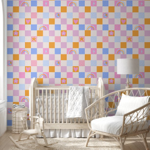 Checkered Pattern Rainbow Peace Girly Wallpaper