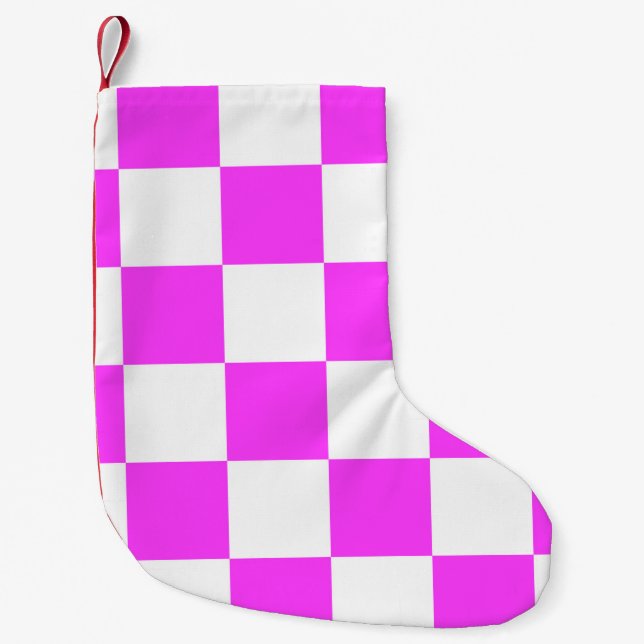 Checkered pattern tile background. White and Pinka Small Christmas Stocking (Front)