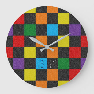 Checkered Pattern Trendy Rainbow LGBTQ Monogram Large Clock