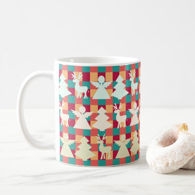 Checkered pattern with angels, reindeers and trees coffee mug (With Donut)