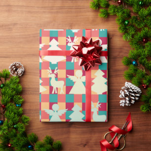 Checkered pattern with angels, reindeers and trees wrapping paper