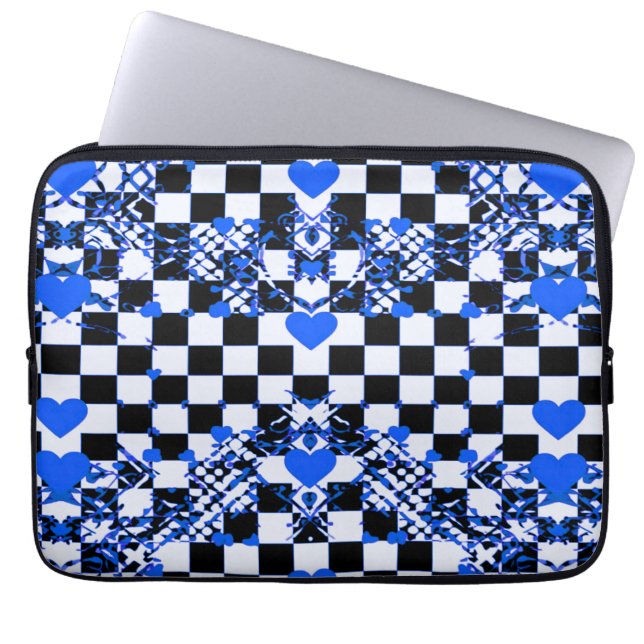 Checkered Pattern With Blue Hearts & Shapes Laptop Sleeve (Front)