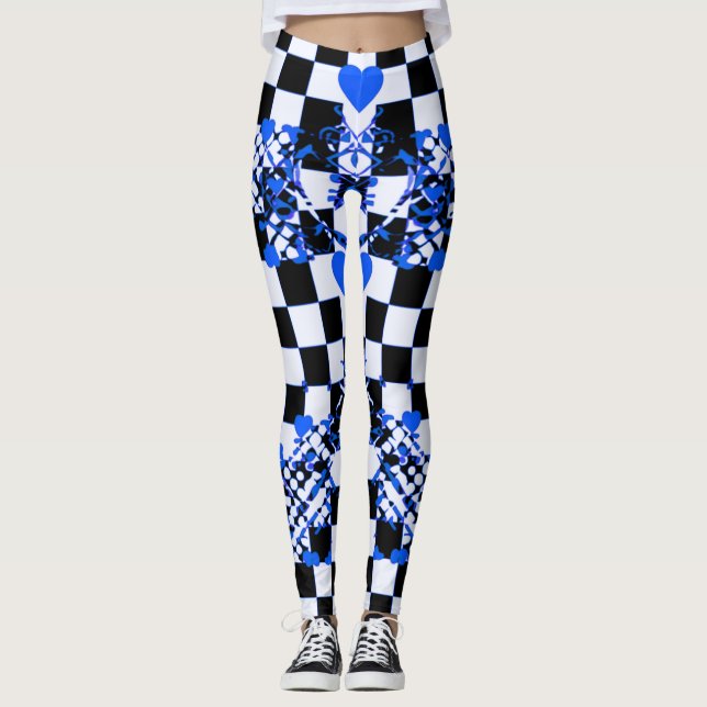 Checkered Pattern With Blue Hearts & Shapes Leggings (Front)