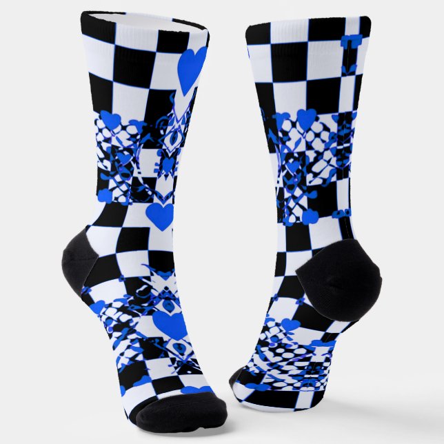 Checkered Pattern With Blue Hearts & Shapes Socks (Angled)