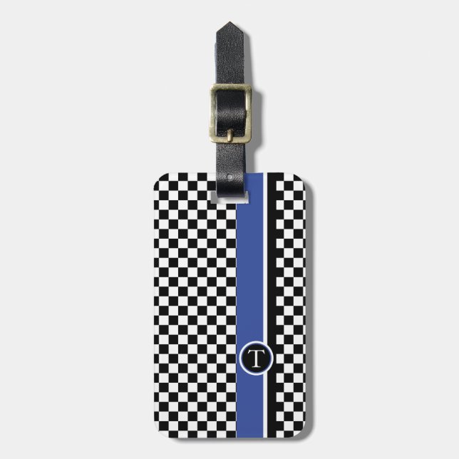 checkered pattern with blue stripe luggage tag (Front Vertical)