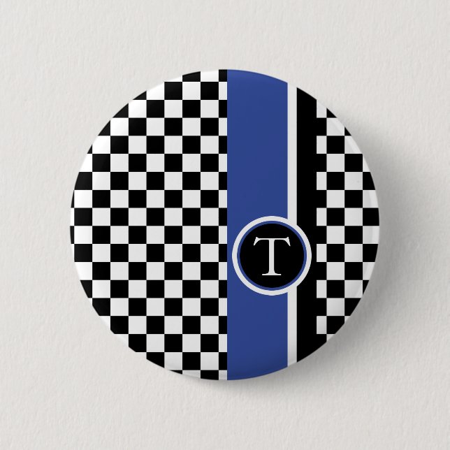 checkered pattern with blue stripe pinback button (Front)