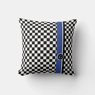 checkered pattern with blue stripe throw pillow