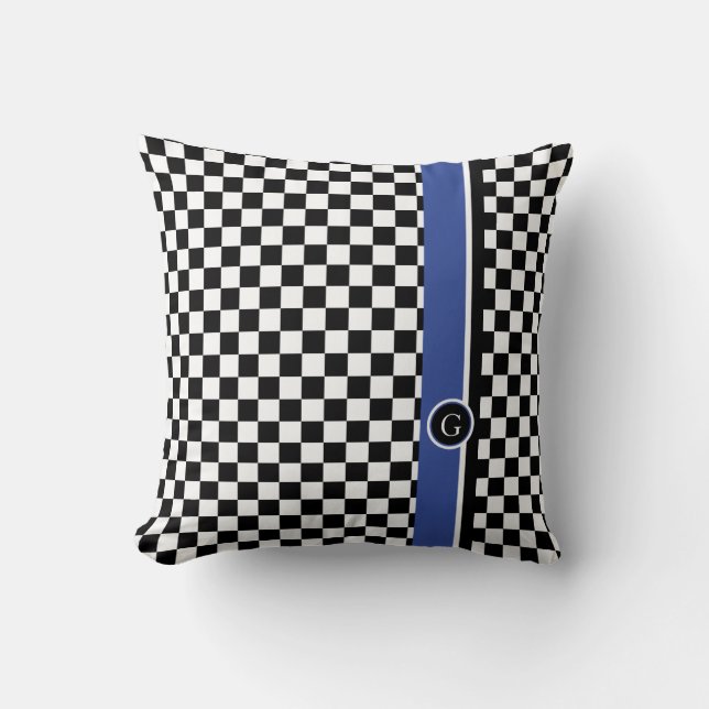 checkered pattern with blue stripe throw pillow (Front)