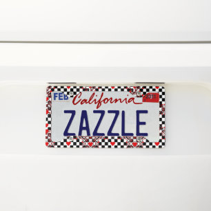 Checkered Pattern With Red Hearts & Shapes License Plate Frame