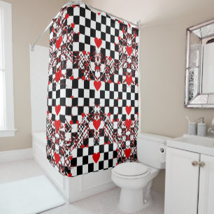Checkered Pattern With Red Hearts & Shapes Shower Curtain