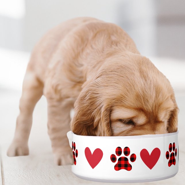 Checkered Paw Print & Heart, Cute Personalized Dog Bowl (Creator Uploaded)