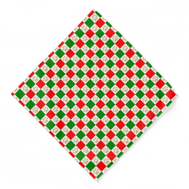 Checkered Paw Prints Green Red Christmas Pet Bandana (Front)
