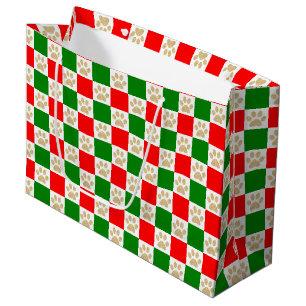 Checkered Paw Prints Red and Green Christmas Large Gift Bag