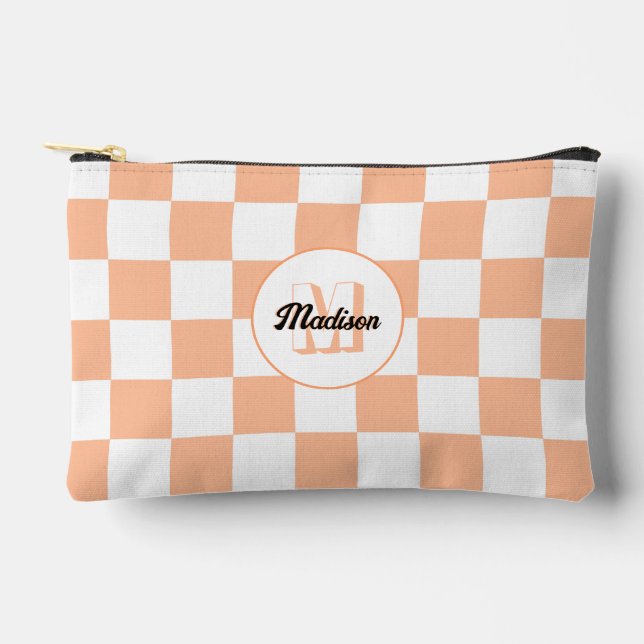 Checkered peach and white geometric retro Monogram Accessory Pouch (Front)