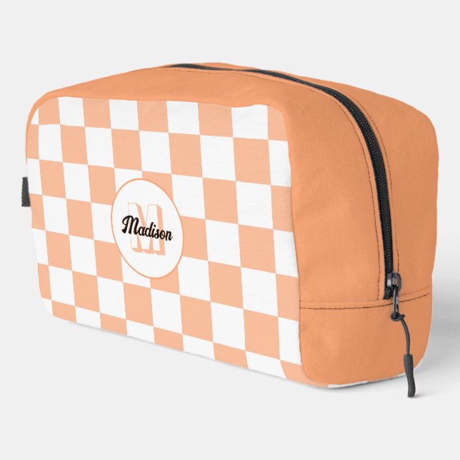 Checkered peach and white geometric retro Monogram Dopp Kit (Right Corner)
