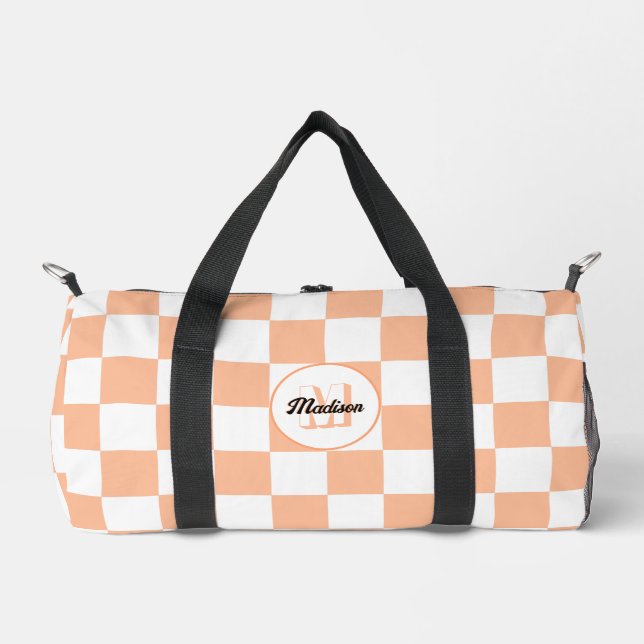 Checkered peach and white geometric retro Monogram Duffle Bag (Front)