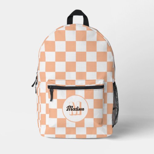 Checkered peach and white geometric retro Monogram Printed Backpack