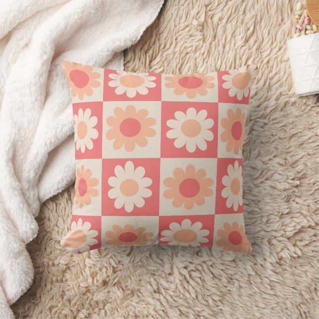 Checkered Peach Fuzz Orange Flowers  Throw Pillow (Blanket)