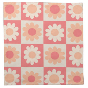 Checkered Peach Fuzz Orange Retro Flowers  Cloth Napkin