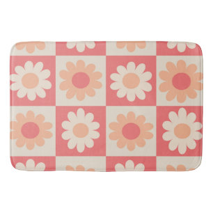 Checkered Peach Fuzz Retro Flowers Pattern  Bath Mat