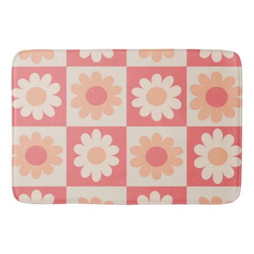 Checkered Peach Fuzz Retro Flowers Pattern  Bath Mat