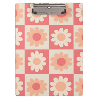 Checkered Peach Fuzz Retro Flowers Pattern Clipboard