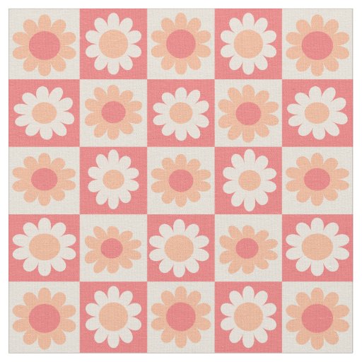Checkered Peach Fuzz Retro Flowers Pattern Fabric