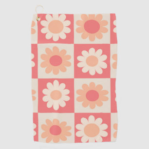 Checkered Peach Fuzz Retro Flowers Pattern Golf Towel