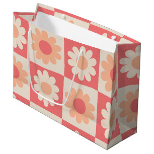 Checkered Peach Fuzz Retro Flowers Pattern  Large Gift Bag