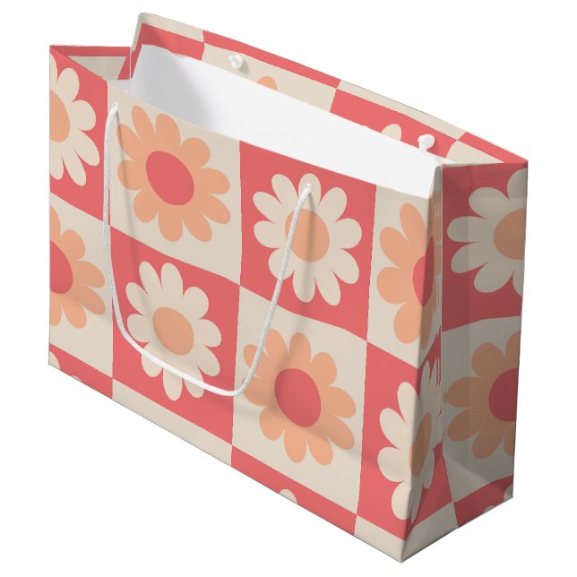 Checkered Peach Fuzz Retro Flowers Pattern  Large Gift Bag (Front Angled)