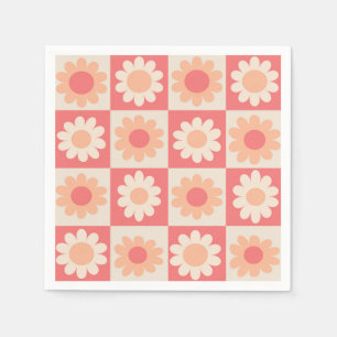 Checkered Peach Fuzz Retro Flowers Pattern Napkins
