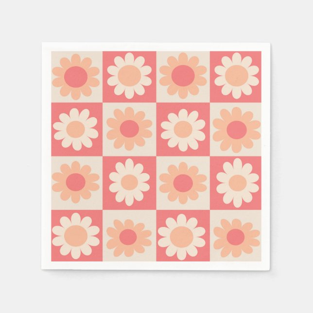 Checkered Peach Fuzz Retro Flowers Pattern  Napkins (Front)