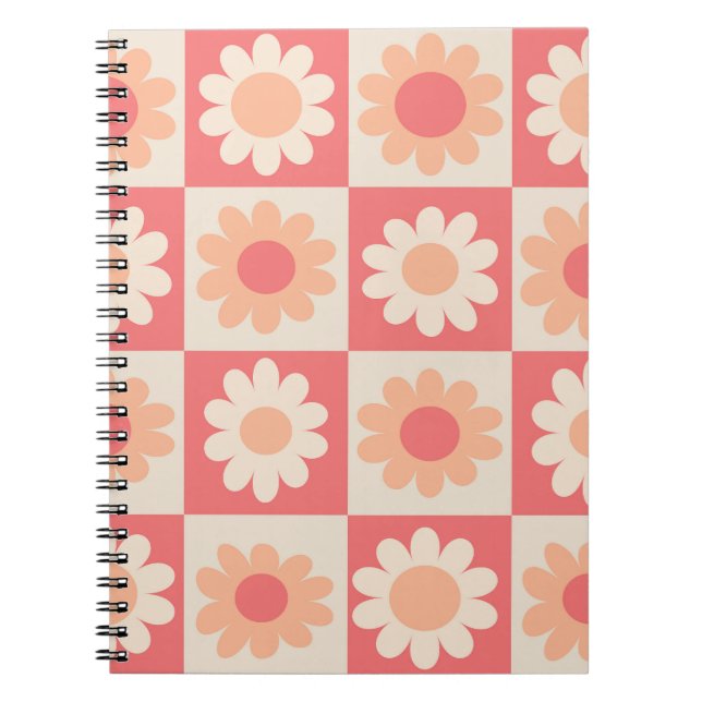 Checkered Peach Fuzz Retro Flowers Pattern  Notebook (Front)
