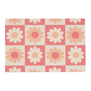 Checkered Peach Fuzz Retro Flowers Pattern  Placemat