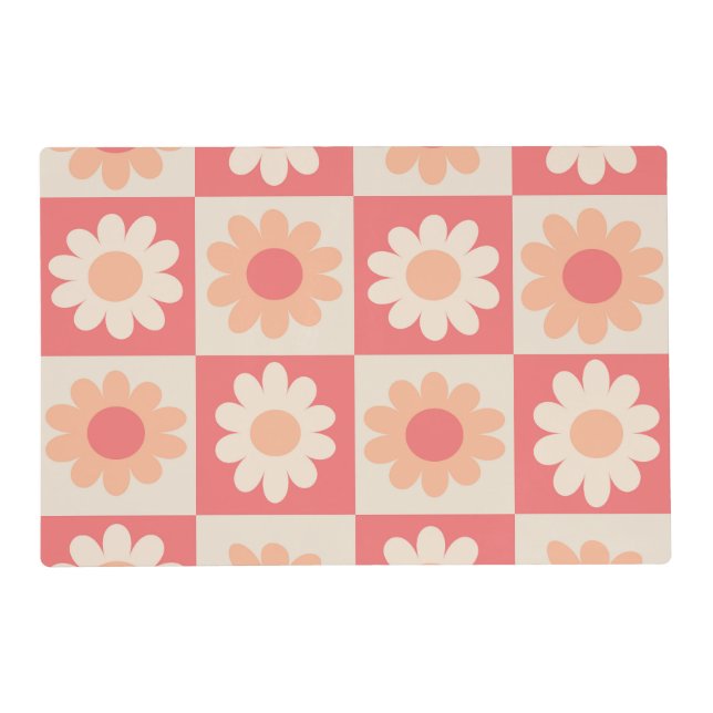 Checkered Peach Fuzz Retro Flowers Pattern  Placemat (Front)