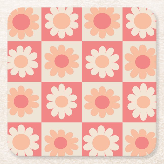 Checkered Peach Fuzz Retro Flowers Pattern  Square Paper Coaster (Front)