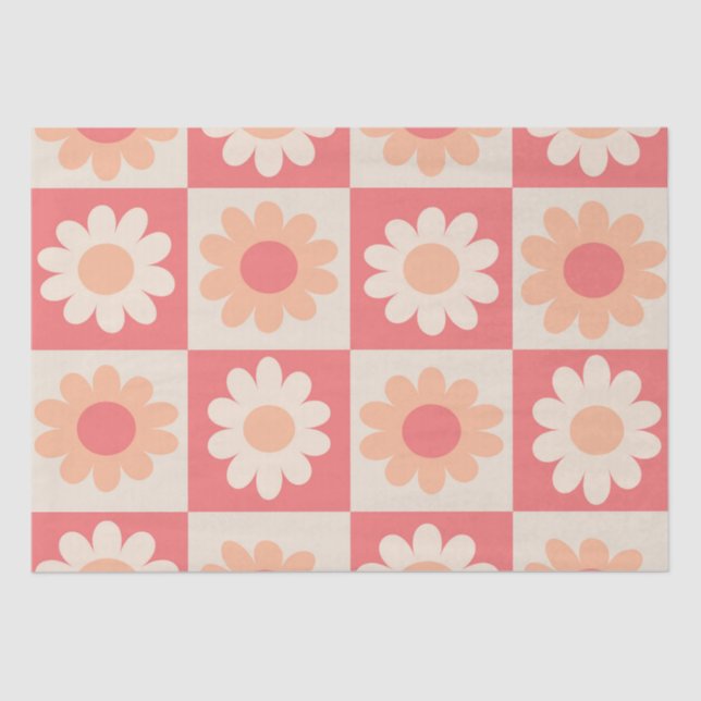 Checkered Peach Fuzz Retro Flowers Pattern  Tissue Paper (Front)