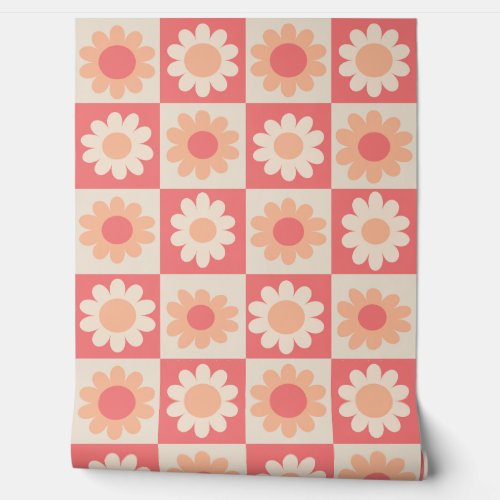 Checkered Peach Fuzz Retro Flowers Pattern Wallpaper