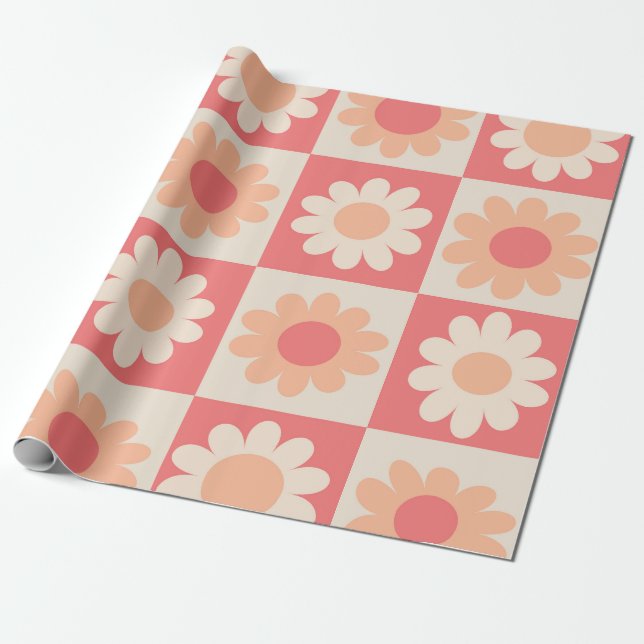 Checkered Peach Fuzz Retro Flowers Pattern  Wrapping Paper (Unrolled)